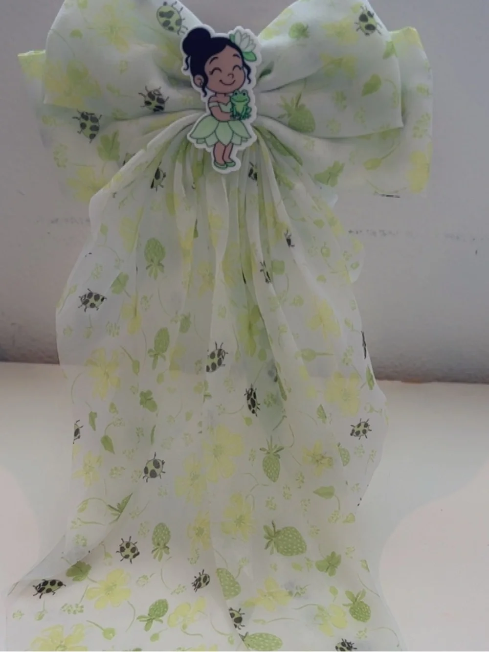 Girls' Green Floral Long-Tail Bow Hair Clip with Character Accent